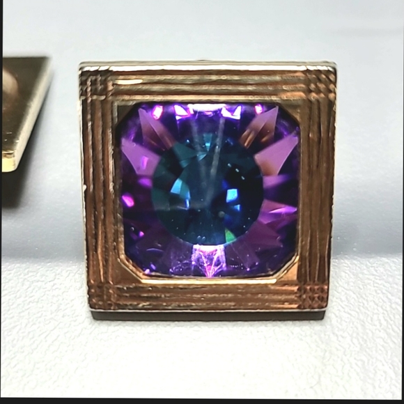 Vintage Rivoli Cufflinks Designer Gold Alloy Blue Purple Square 1960s - Picture 6 of 6